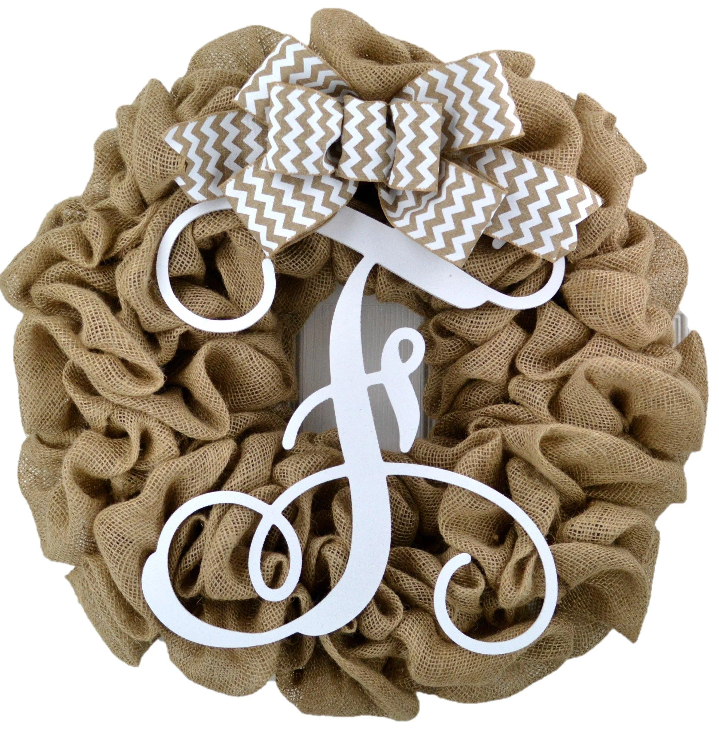 White Burlap Monogram Door Wreath with White Chevron Bow